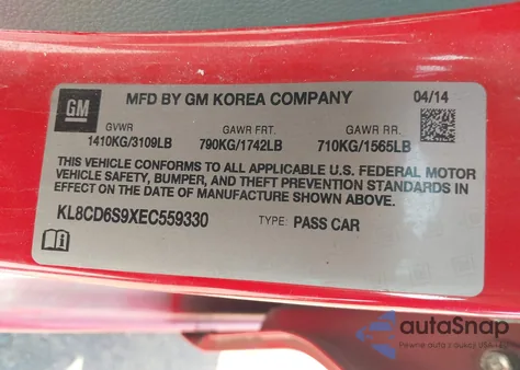 2014 Chevrolet Spark 1Lt Auto from USA, damaged, VIN KL8CD6S9XEC559330